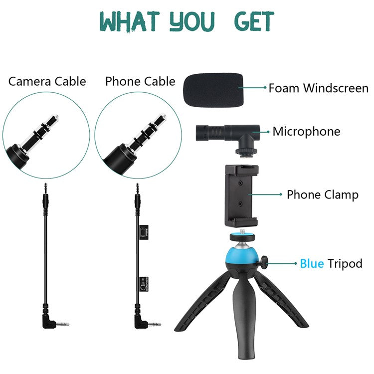 ADAI VK-01 Microphone with Handheld Tripod Phone Clamp Set for 3.5mm Audio Equipment - Black / Blue