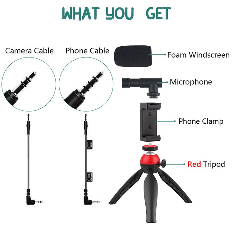 ADAI VK-01 Microphone with Handheld Tripod Phone Clamp Set for 3.5mm Audio Equipment - Black / Red