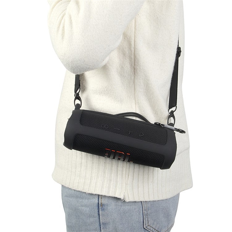 For JBL Flip 6 Silicone Carrying Case Bluetooth Speaker Protective Cover with Shoulder Strap and Carabiner - Black