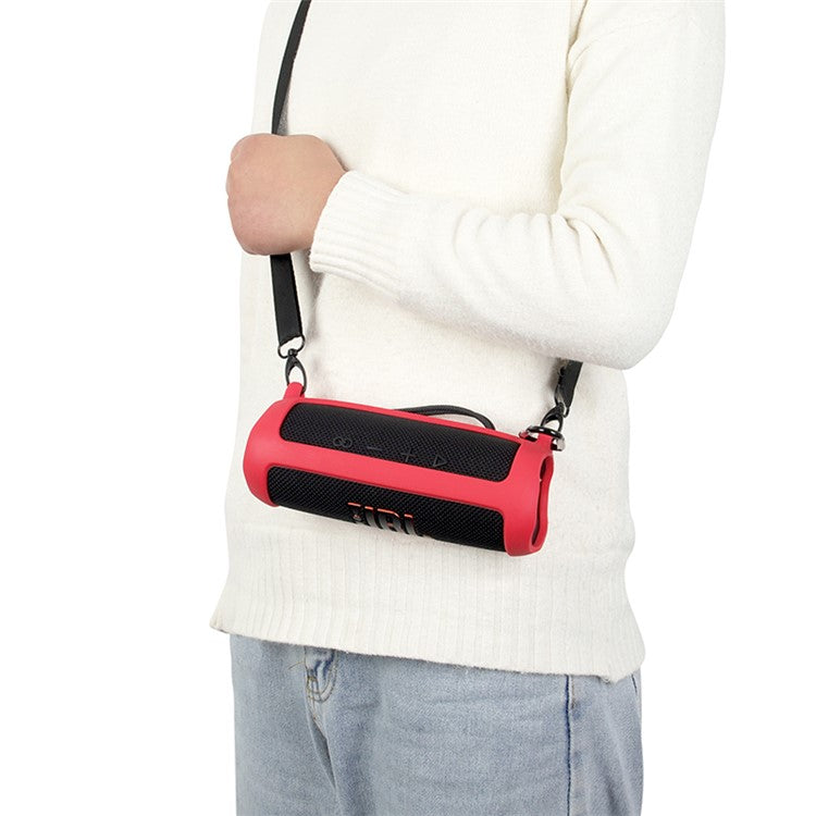 For JBL Flip 6 Silicone Carrying Case Bluetooth Speaker Protective Cover with Shoulder Strap and Carabiner - Red