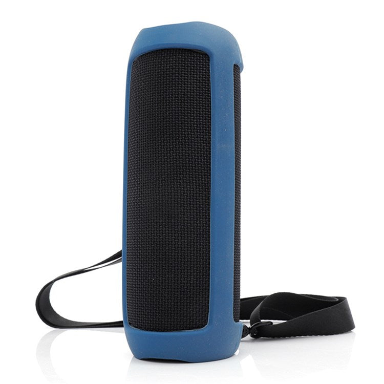 For JBL Flip 5 Bluetooth Speaker Protective Case Anti-drop Silicone Cover with Shoulder Strap and Carabiner - Dark Blue