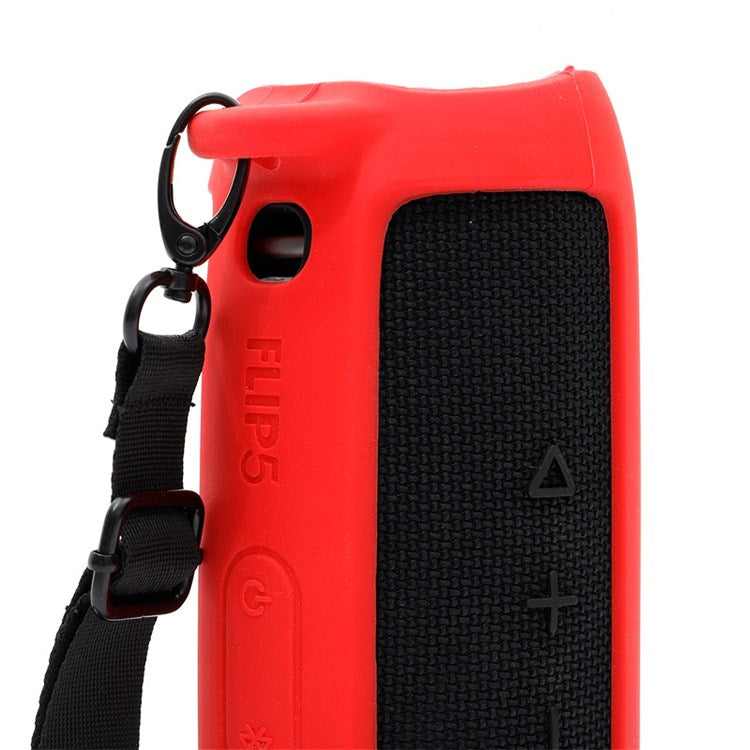 For JBL Flip 5 Bluetooth Speaker Protective Case Anti-drop Silicone Cover with Shoulder Strap and Carabiner - Red