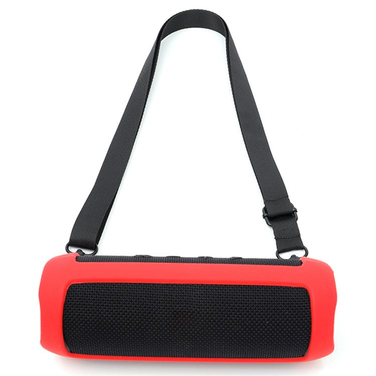 For JBL Flip 5 Bluetooth Speaker Protective Case Anti-drop Silicone Cover with Shoulder Strap and Carabiner - Red