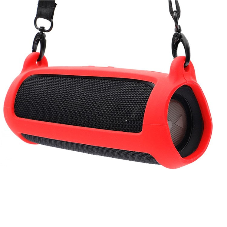 For JBL Flip 5 Bluetooth Speaker Protective Case Anti-drop Silicone Cover with Shoulder Strap and Carabiner - Red