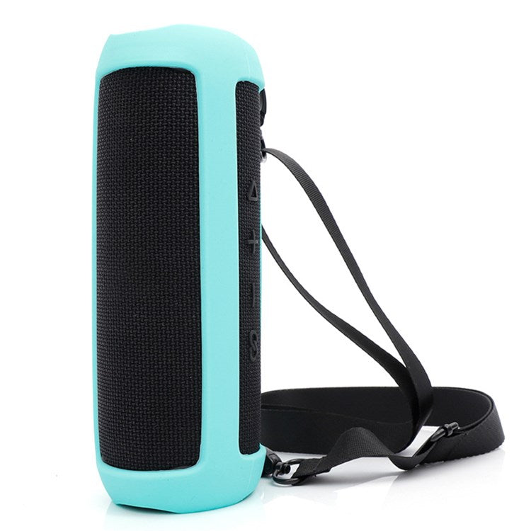 For JBL Flip 5 Bluetooth Speaker Protective Case Anti-drop Silicone Cover with Shoulder Strap and Carabiner - Green