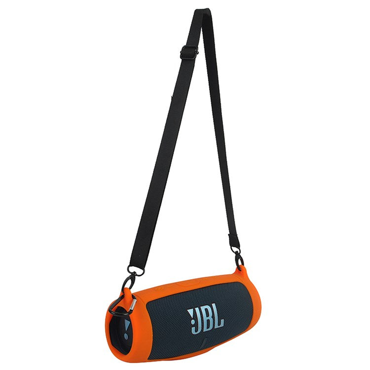 For JBL Charge 5 Silicone Carrying Case Bluetooth Speaker Anti-drop Protective Cover with Shoulder Strap and Carabiner - Orange