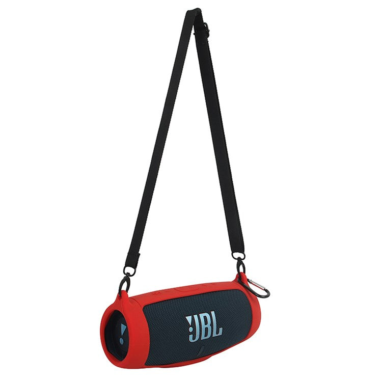 For JBL Charge 5 Silicone Carrying Case Bluetooth Speaker Anti-drop Protective Cover with Shoulder Strap and Carabiner - Red