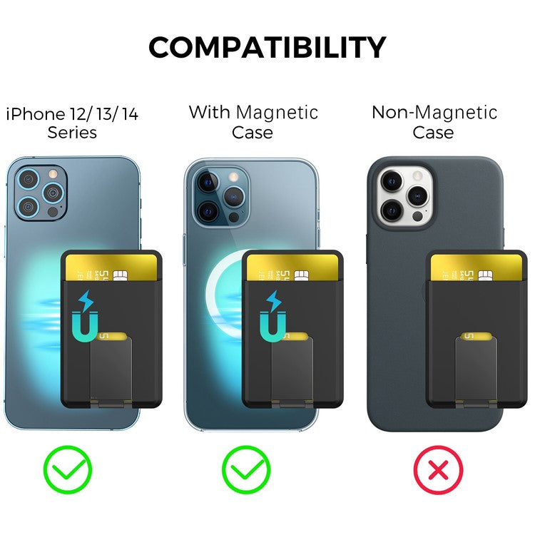 AHASTYLE PT133-H Magnetic Card Holder for iPhone 14 / 13 / 12 Series, Card Pocket Phone Stand Bracket - Black