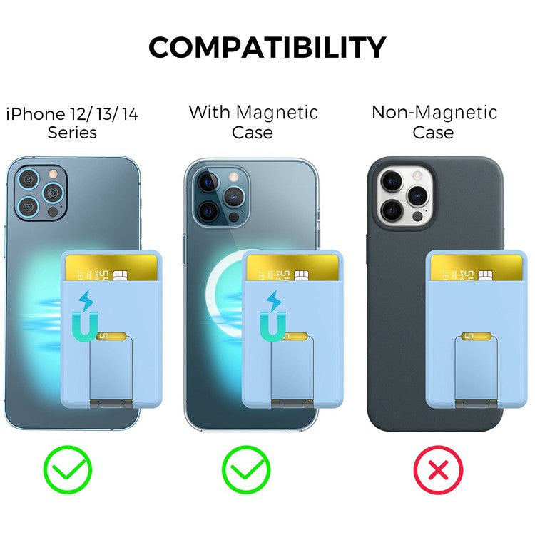 AHASTYLE PT133-H Magnetic Card Holder for iPhone 14 / 13 / 12 Series, Card Pocket Phone Stand Bracket - Baby Blue