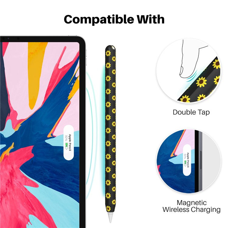 AHASTYLE PT65-SF Pen Sleeve for Apple Pencil (2nd Generation), Sunflower Pattern Stylus Pen Silicone Case Protective Cover - Black