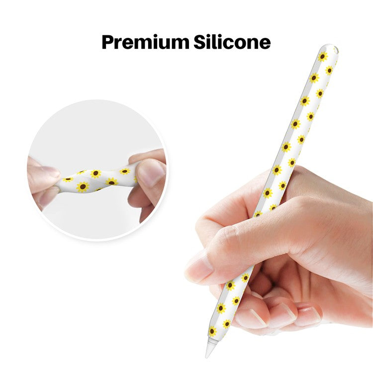 AHASTYLE PT65-SF Pen Sleeve for Apple Pencil (2nd Generation), Sunflower Pattern Stylus Pen Silicone Case Protective Cover - White