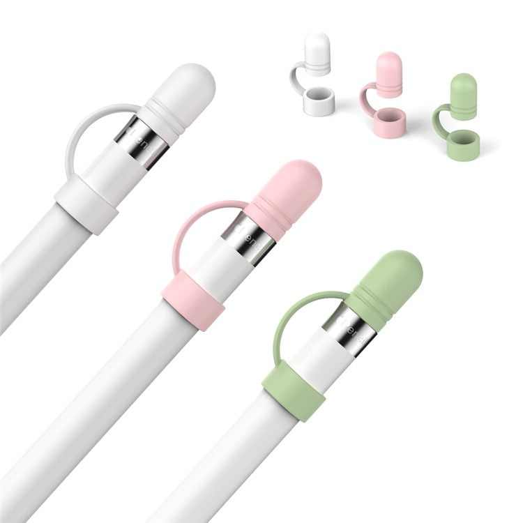 AHASTYLE PT110 3Pcs for Apple Pencil (1st Generation) Charging Cable Adapter Tether Stylus Pen Anti-lost Silicone Cap Cover - White / Pink / Green