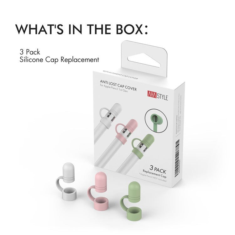 AHASTYLE PT110 3Pcs for Apple Pencil (1st Generation) Charging Cable Adapter Tether Stylus Pen Anti-lost Silicone Cap Cover - White / Pink / Green