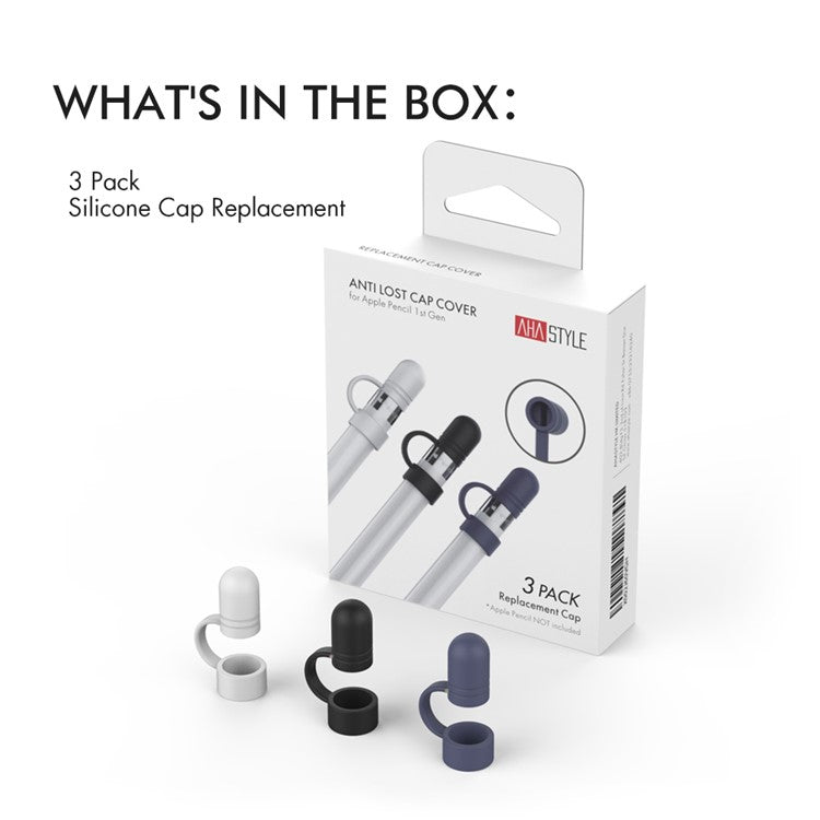 AHASTYLE PT110 3Pcs for Apple Pencil (1st Generation) Charging Cable Adapter Tether Stylus Pen Anti-lost Silicone Cap Cover - White / Blue / Black