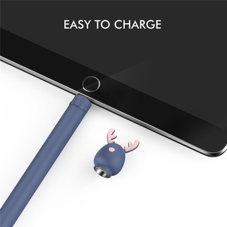 AHASTYLE PT129-1 For Apple Pencil 1st Generation Cartoon Animal Stylus Pen Cover Soft Silicone Protective Sleeve - Dark Blue Deer
