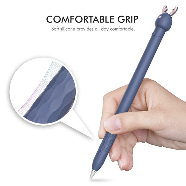 AHASTYLE PT129-1 For Apple Pencil 1st Generation Cartoon Animal Stylus Pen Cover Soft Silicone Protective Sleeve - Dark Blue Deer