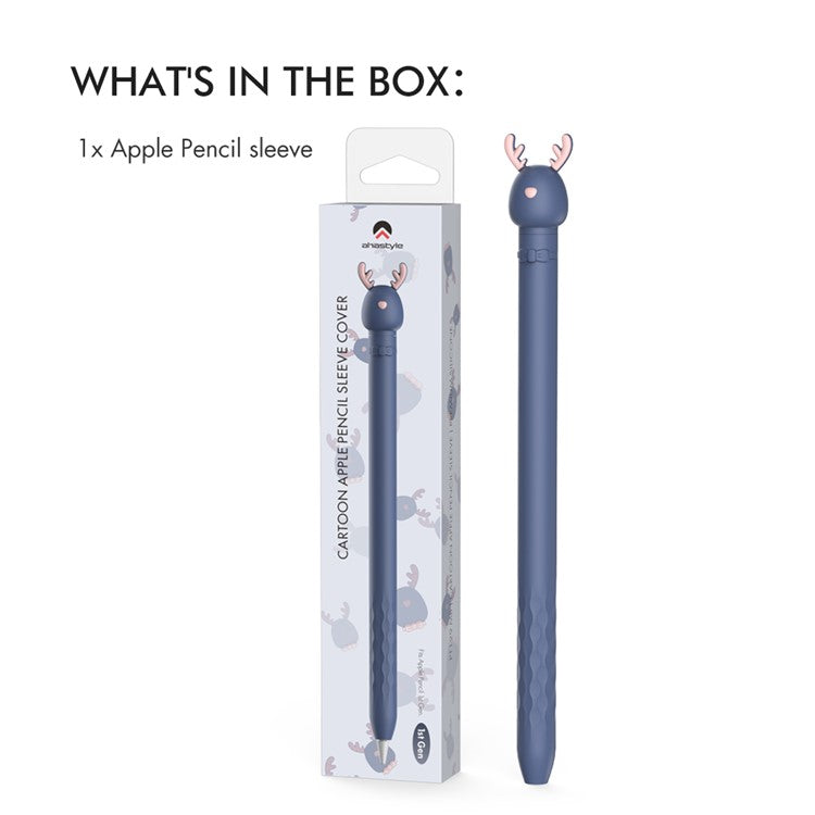 AHASTYLE PT129-1 For Apple Pencil 1st Generation Cartoon Animal Stylus Pen Cover Soft Silicone Protective Sleeve - Dark Blue Deer