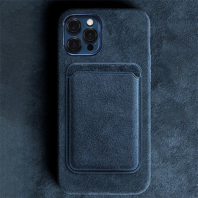 Suede Leather Phone Secure Credit Card Holder for iPhone 14 / 13 / 12 Series Magnetic Card Bag - Dark Grey