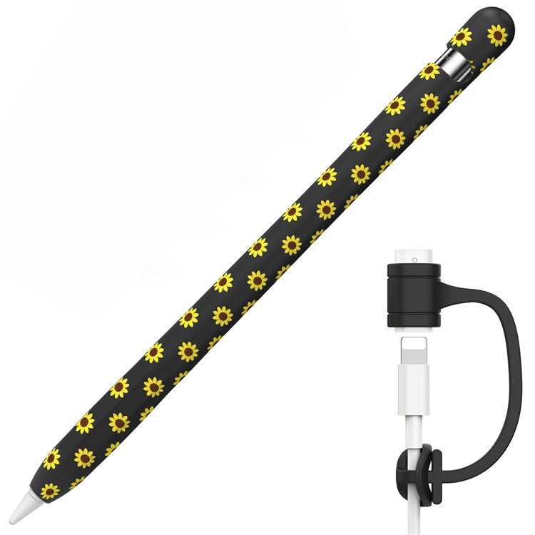 AHASTYLE PT93SF For Apple Pencil (1st Generation) Silicone Sleeve Sunflower Pattern Skin-touch Cover - Black