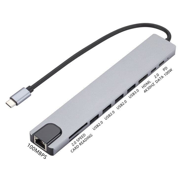 USB-C Hub to PD 100W+3xUSB 2.0+USB 3.0+HD Output+2 Card Reader Slots+RJ45+Type-C