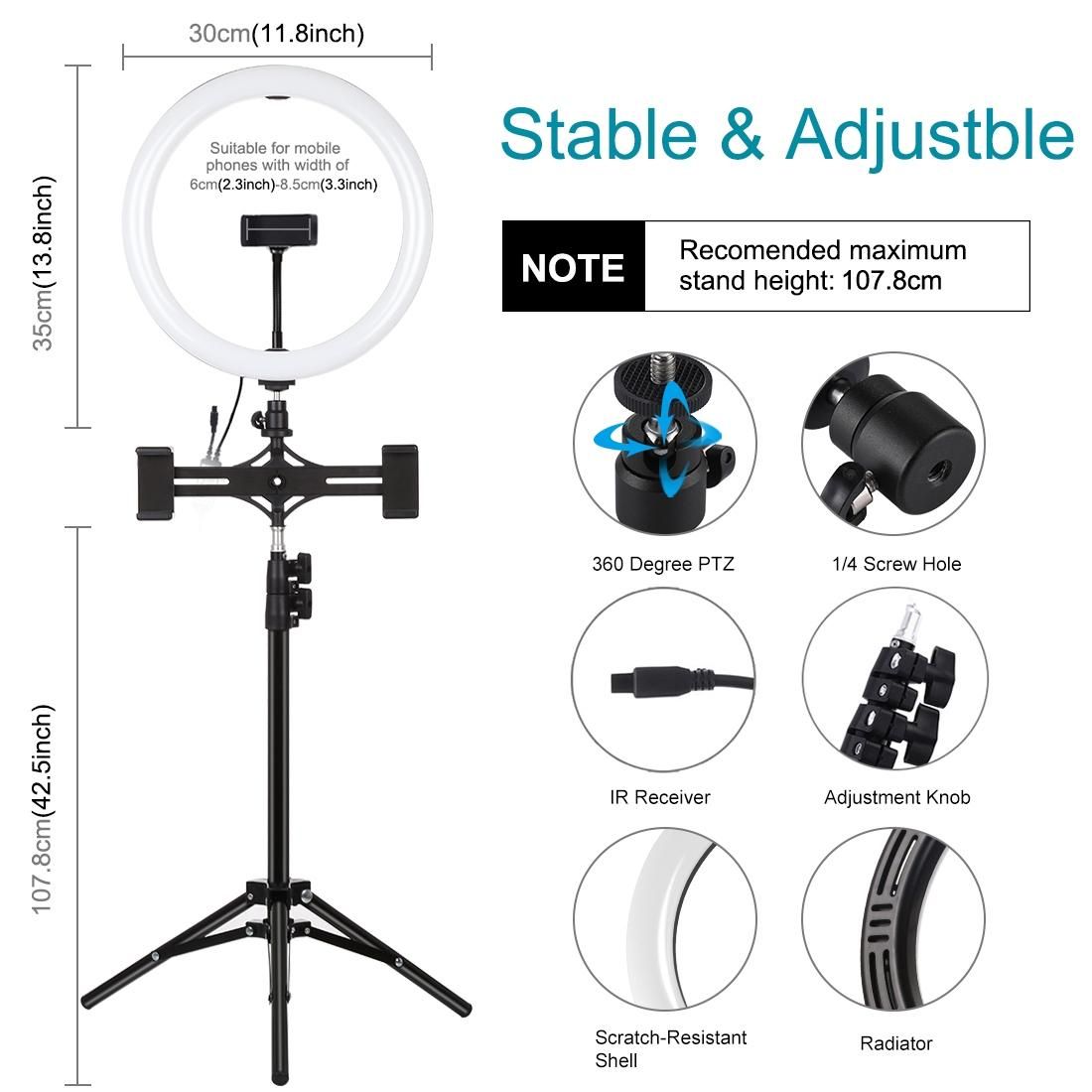 PULUZ 11.8 inch 30cm RGBW Light + 1.1m Tripod Mount + Dual Phone Brackets+ Curved Surface RGB Dimmable LED Dual Color Temperature LED Ring Vlogging Video Light Live Broadcast Kits with Cold Shoe Tripod Ball Head & Phone Clamp & Remote Control (Black)