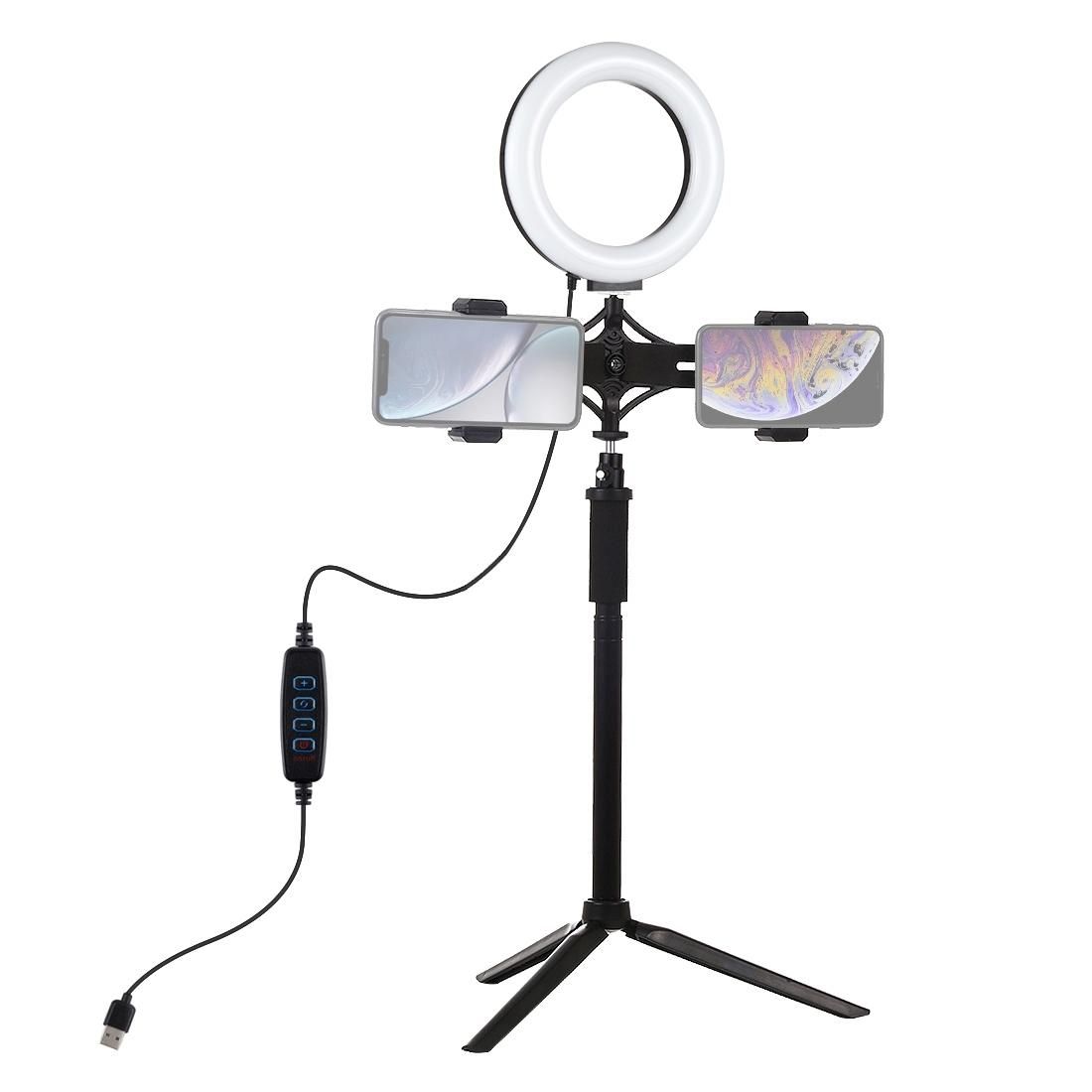PULUZ Tripod Mount + Extension Rod + Live Broadcast Dual Phone Bracket + 6.2 inch 16cm LED Ring Vlogging Video Light Kits