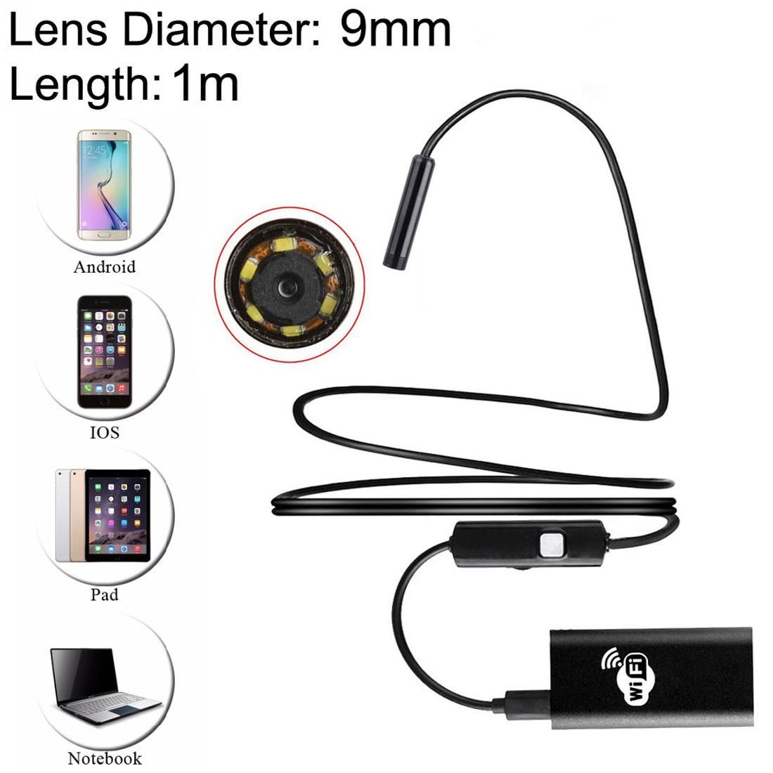 1.0MP HD Camera 30m Wireless Distance Metal WiFi Box Waterproof IPX67 Endoscope Snake Tube Inspection Camera with 6 LED for Android & iOS, Length: 1m, Lens Diameter: 9mm (Black)