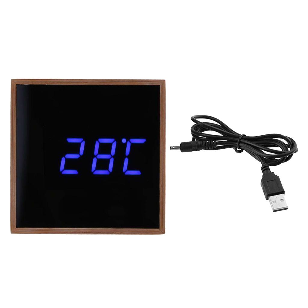 Wood Bamboo Digital Desktop LED Alarm Clock Temperature Sound Control Blue