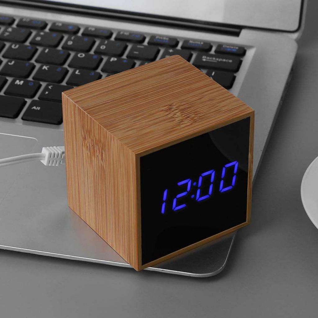 Wood Bamboo Digital Desktop LED Alarm Clock Temperature Sound Control Blue