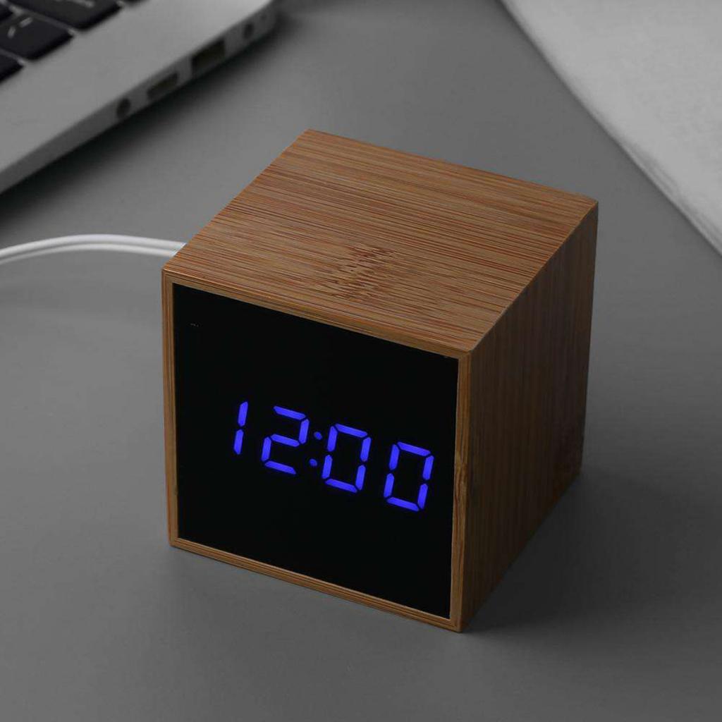 Wood Bamboo Digital Desktop LED Alarm Clock Temperature Sound Control Blue
