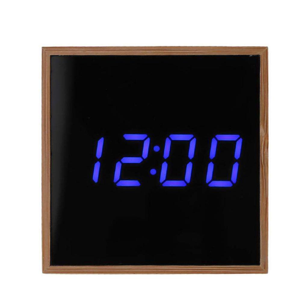 Wood Bamboo Digital Desktop LED Alarm Clock Temperature Sound Control Blue