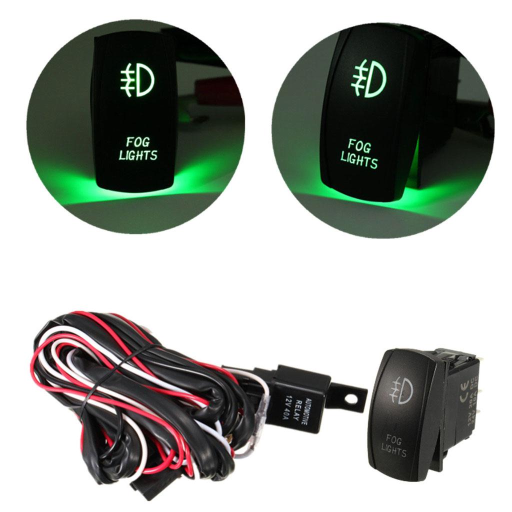 12V LED Fog Light Rocker On/Off Switch Wiring Harness 40A Relay Fuse Green