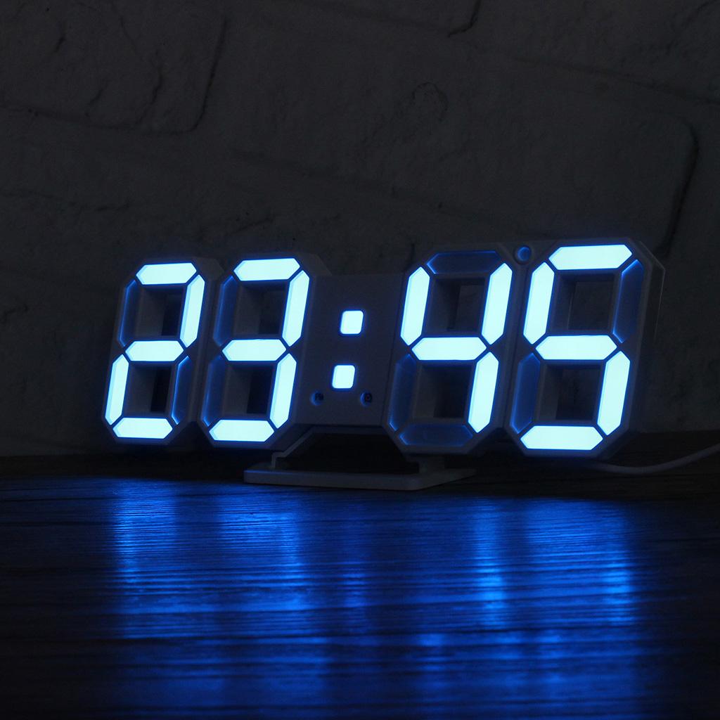 3D Digital LED Night Wall Clock Alarm Watch Display Temperature DateUSB Blue