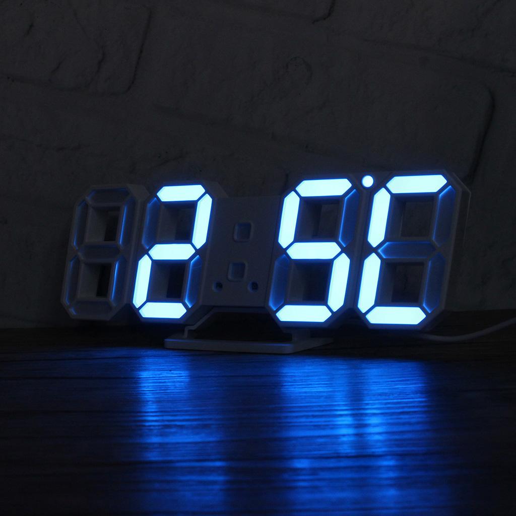 3D Digital LED Night Wall Clock Alarm Watch Display Temperature DateUSB Blue