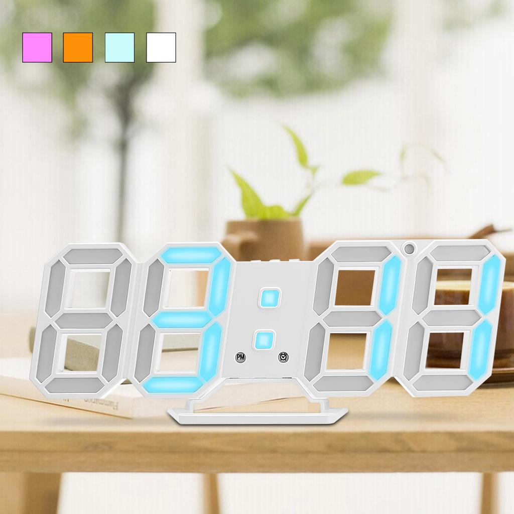 3D Digital LED Night Wall Clock Alarm Watch Display Temperature DateUSB Blue