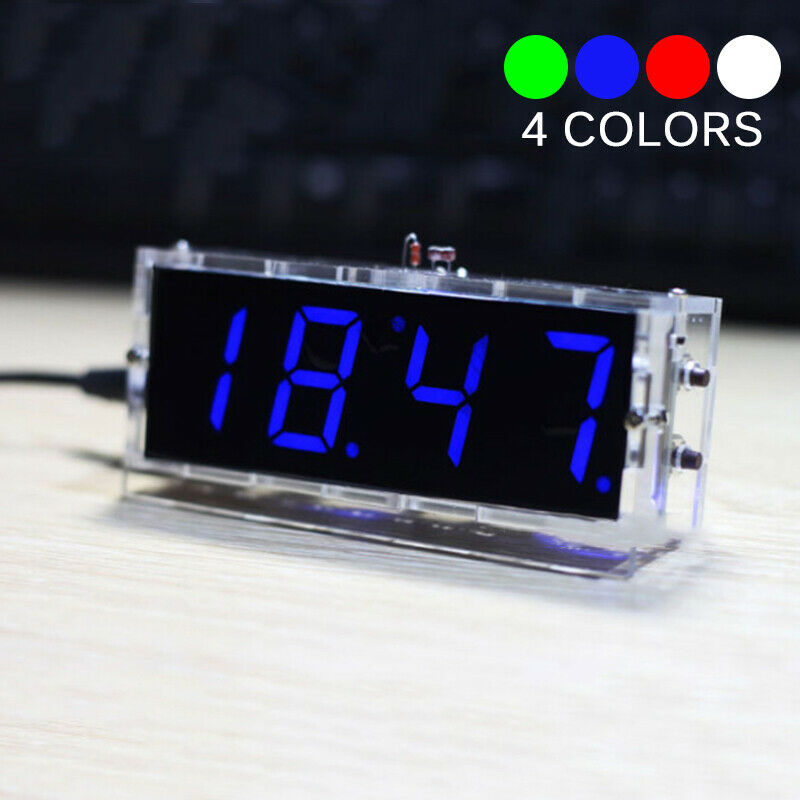 4-digit DIY Digital LED Clock Kit Light Control Temp Date Time Display Blue
