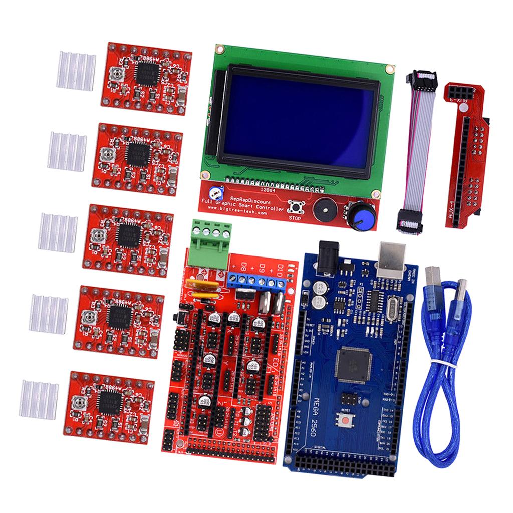 3D Printer Kit with RAMPS 1.4 Controller + Mega 2560 board + 5pcs A4988 Stepper Motor Driver with Heatsink + LCD Graphic Smart Display Controller
