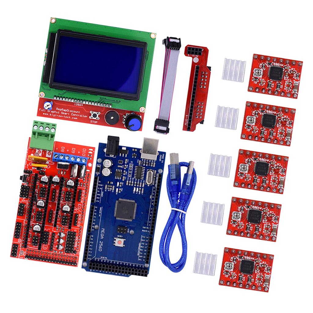 3D Printer Kit with RAMPS 1.4 Controller + Mega 2560 board + 5pcs A4988 Stepper Motor Driver with Heatsink + LCD Graphic Smart Display Controller