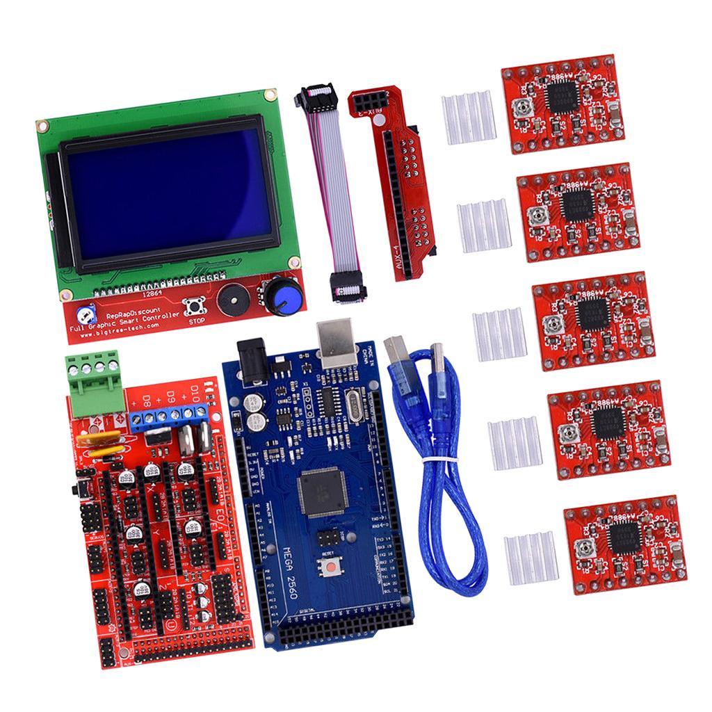 3D Printer Kit with RAMPS 1.4 Controller + Mega 2560 board + 5pcs A4988 Stepper Motor Driver with Heatsink + LCD Graphic Smart Display Controller
