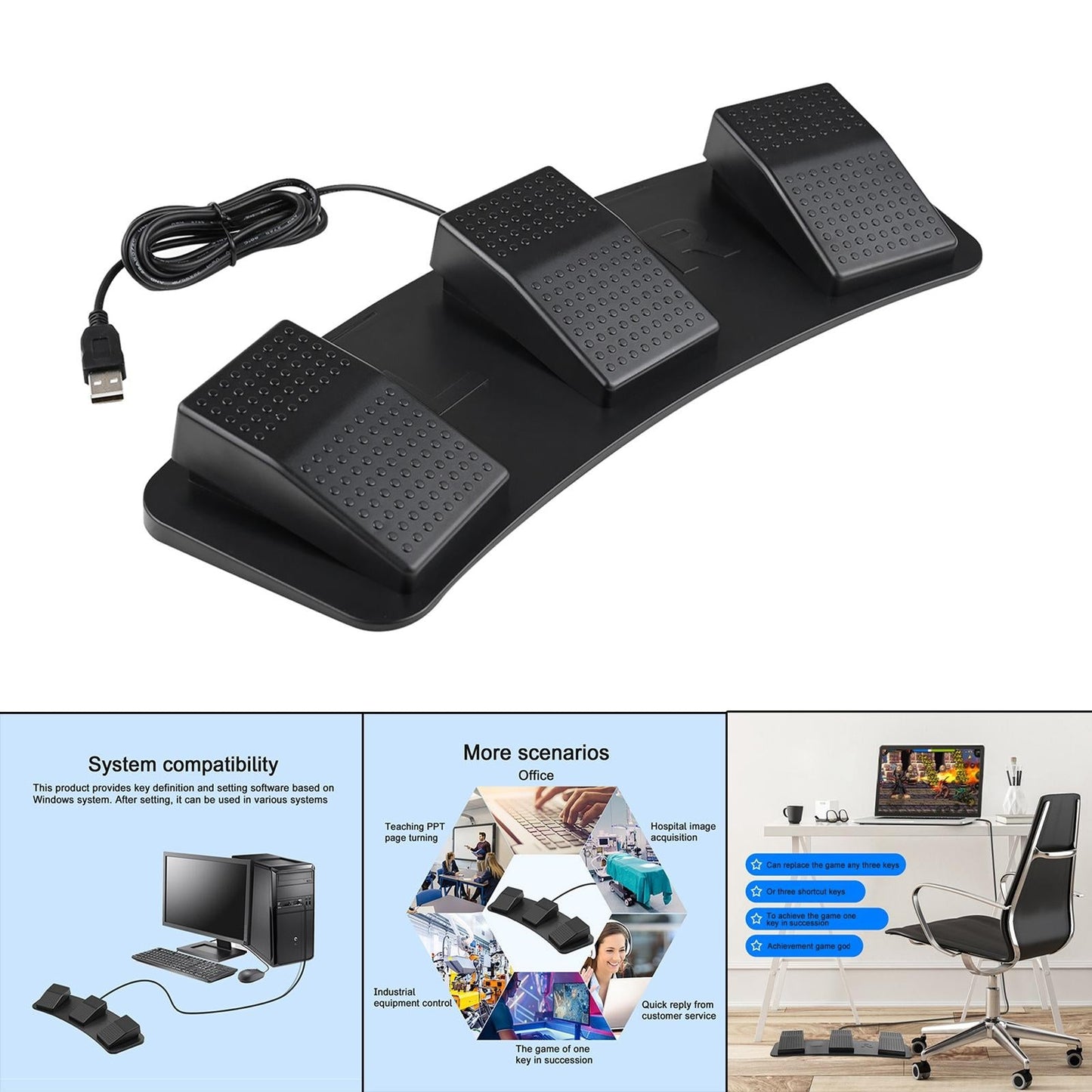 Upgraded USB Three Foot Switch PC Game Foot Pedal for Gaming Equipment
