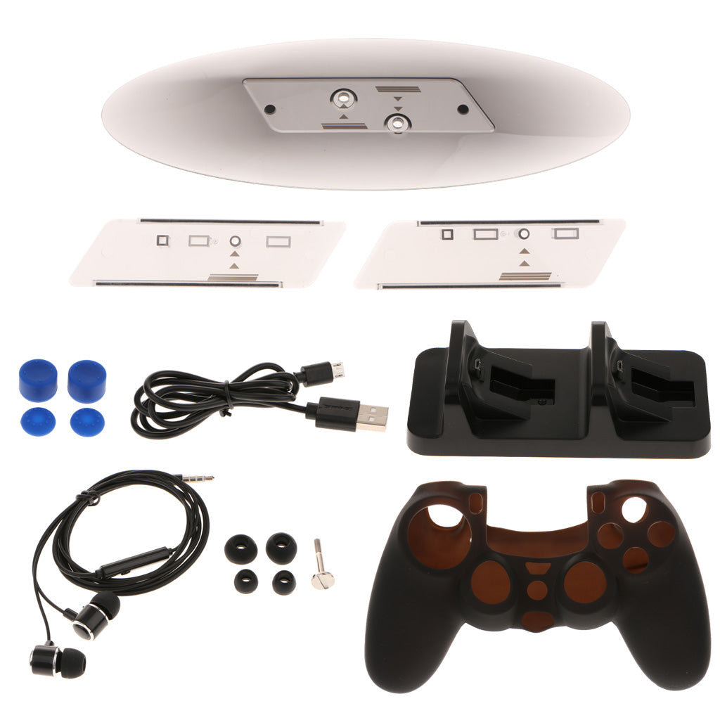 For PS4/Slim/Pro Game Set Dual Charger + Headset + Silicone Cover/Case +Base