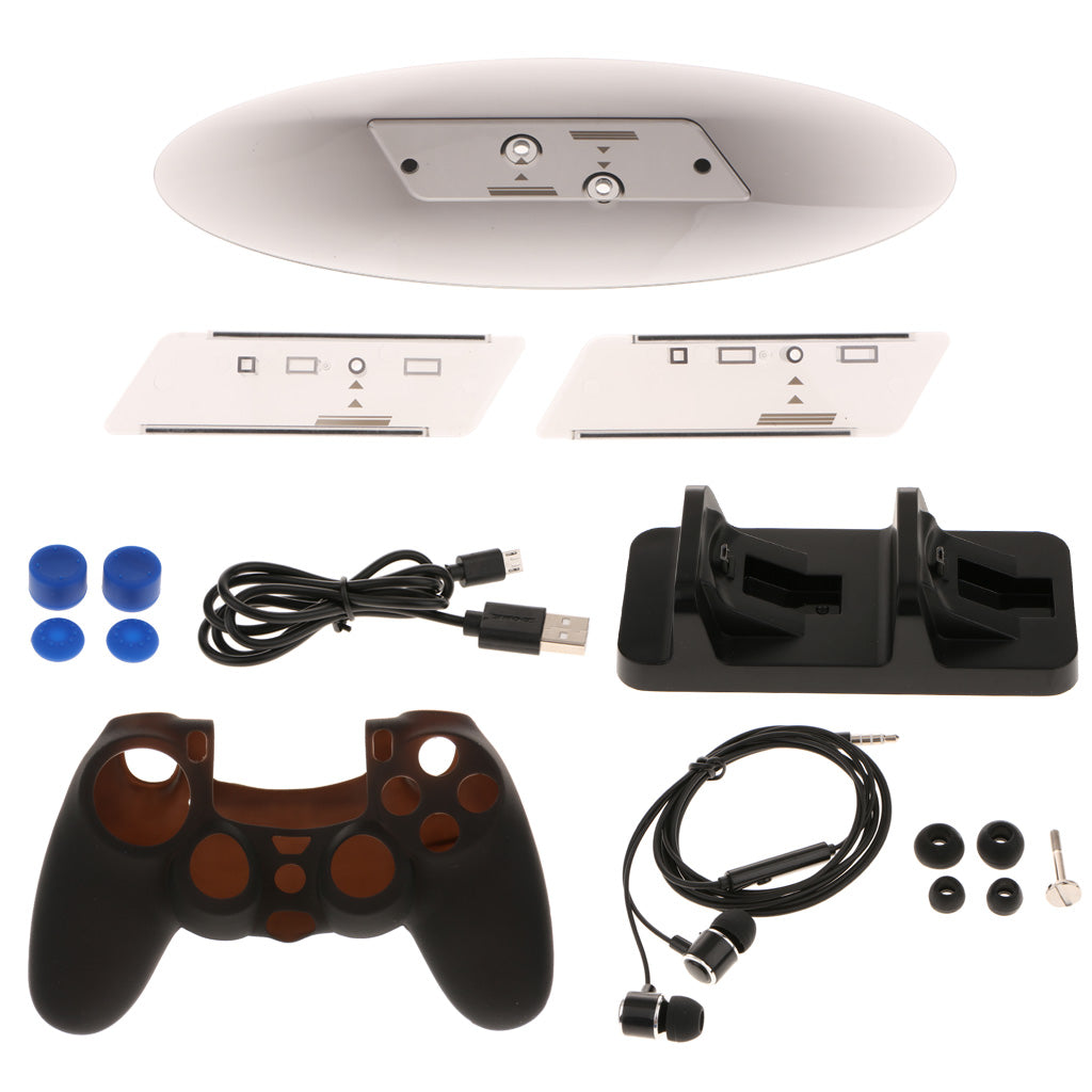 For PS4/Slim/Pro Game Set Dual Charger + Headset + Silicone Cover/Case +Base