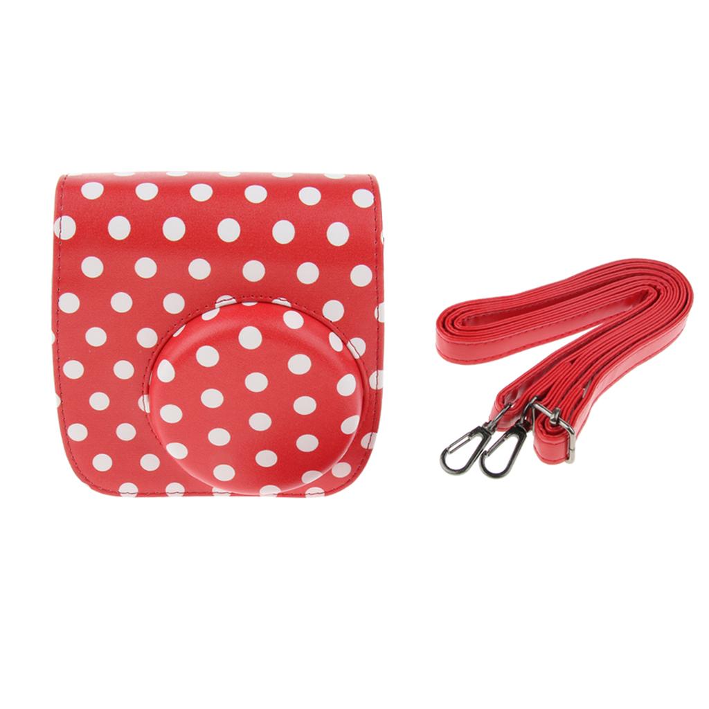 Carrying Bag PU Leather Shoulder Case Cover for Polaroid Mini 8/8+/9 Red with White Dot