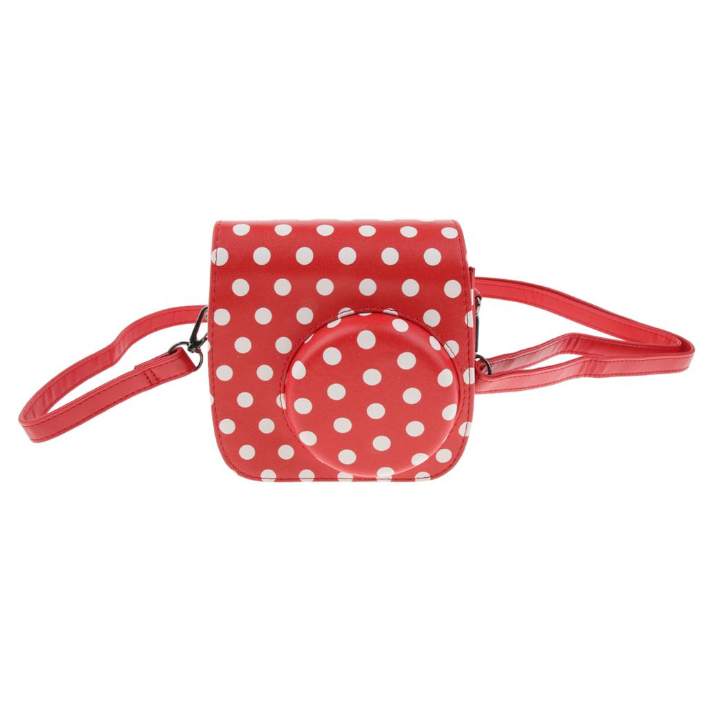 Carrying Bag PU Leather Shoulder Case Cover for Polaroid Mini 8/8+/9 Red with White Dot