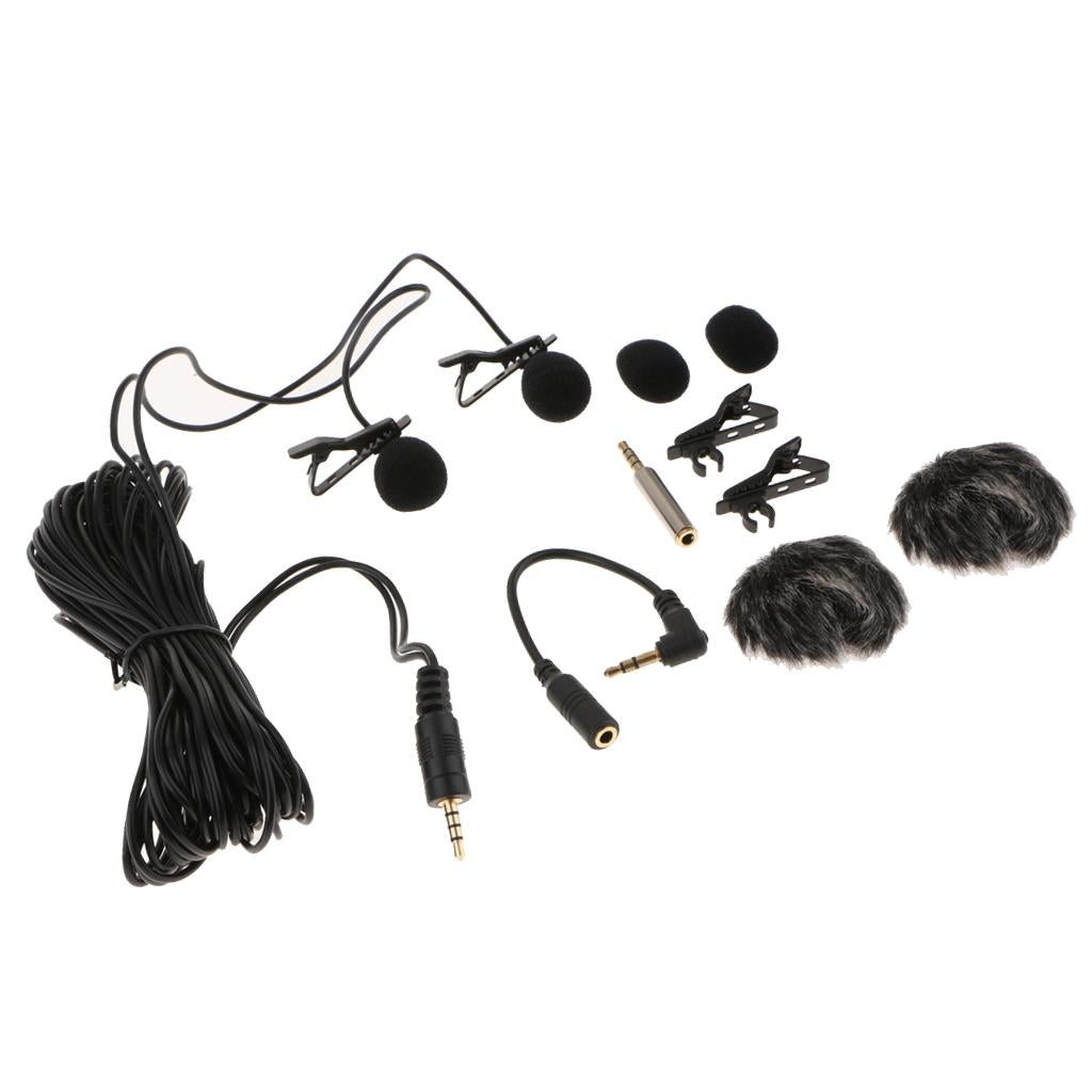 6m/19ft Recording Microphone Dual Head Lavalier Clip on Video Lapel Condenser Mic