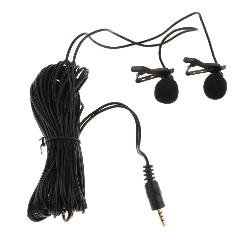 6m/19ft Recording Microphone Dual Head Lavalier Clip on Video Lapel Condenser Mic