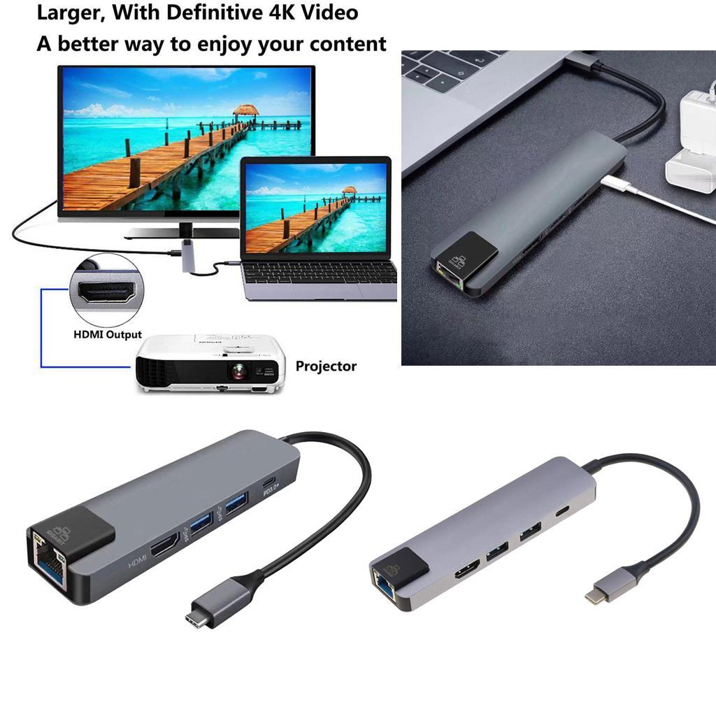 5 in 1 Type C Hub to USB3.0 HDMI 4K Gigabit Ethernet Rj45 Adapter Gray