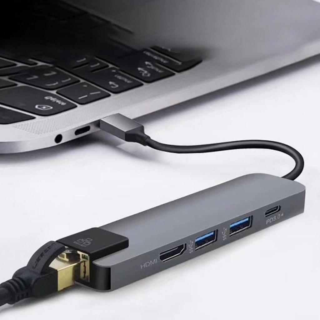 5 in 1 Type C Hub to USB3.0 HDMI 4K Gigabit Ethernet Rj45 Adapter Gray