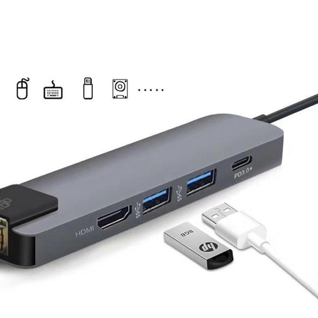 5 in 1 Type C Hub to USB3.0 HDMI 4K Gigabit Ethernet Rj45 Adapter Gray