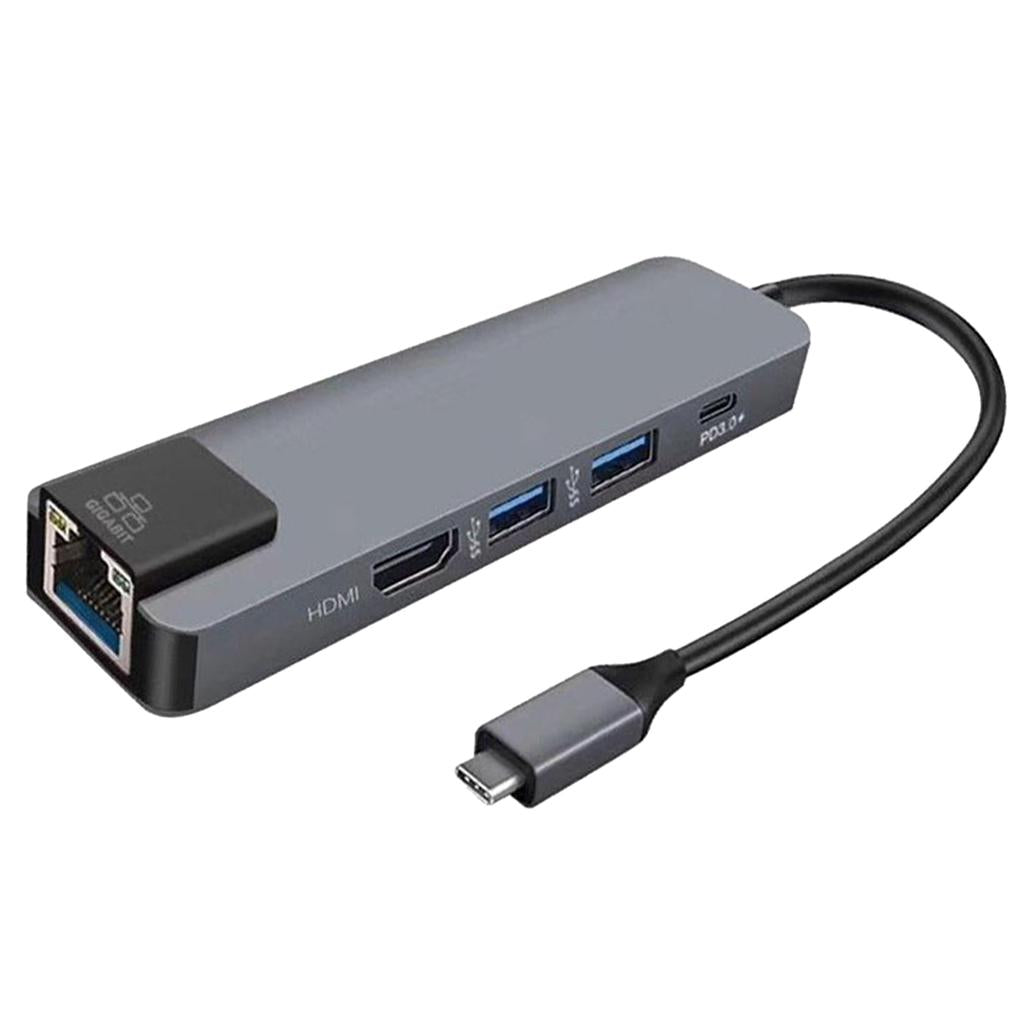 5 in 1 Type C Hub to USB3.0 HDMI 4K Gigabit Ethernet Rj45 Adapter Gray